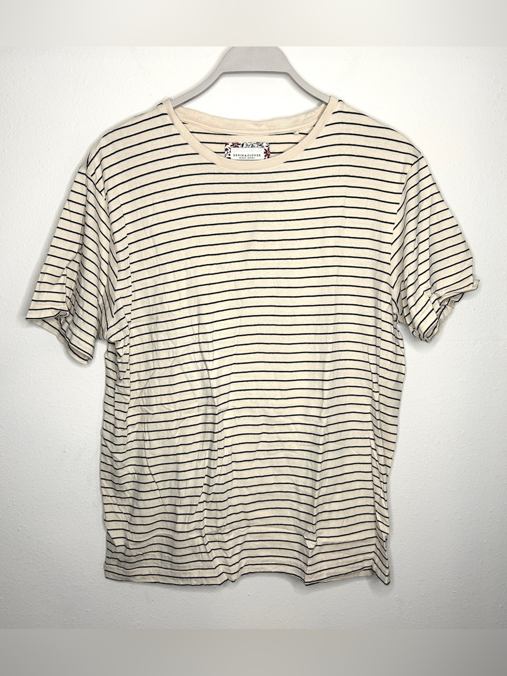 Denim & Flower Cream T-Shirt with Black Stripes